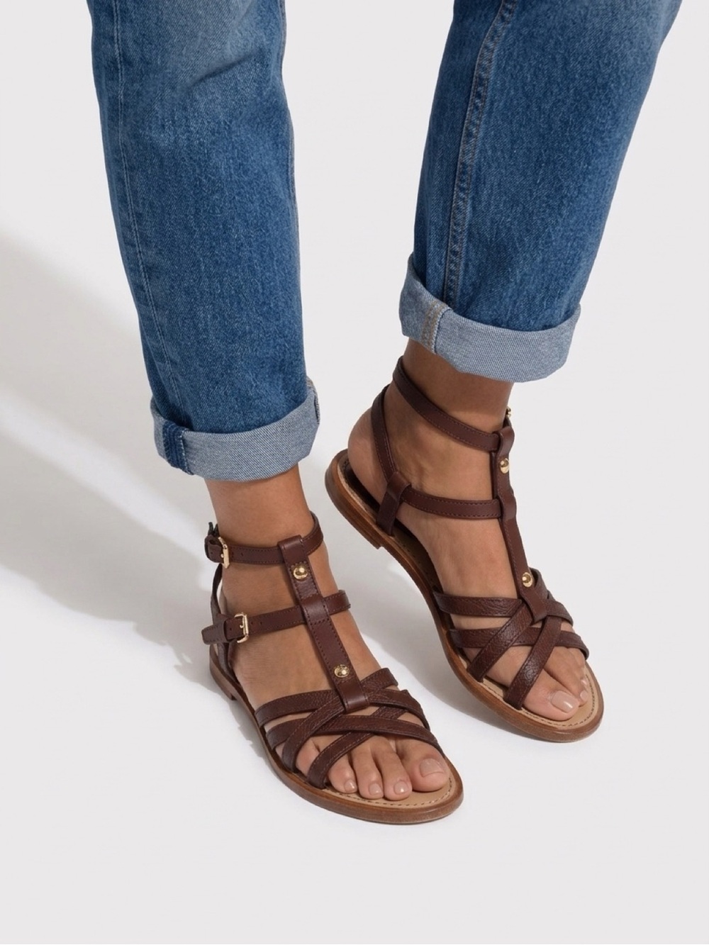 Louis Vuitton Greek Gladiator Flat Sandals Brown LV Embossed Leather